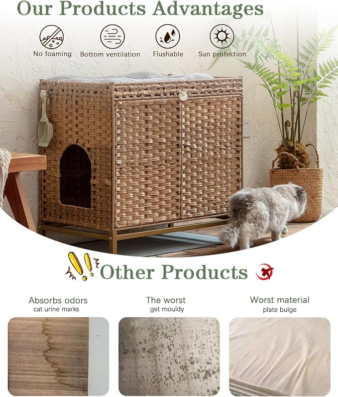 SETVSON Cat Litter Box Enclosure Furniture, Rattan PE Kitty House, Natural | Handwoven PE Rattan with 2 Soft Mats, Heightened Metal Feet, 2 S-Hooks, 30.3 x 18.3 x 28 In Spacious Interior Kitty Cabinet