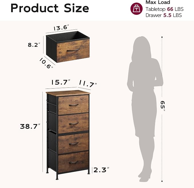 WLIVE Small Dresser Nightstand for Bedroom, 4 Drawers, Rustic Brown | 4 vertical fabric drawers, Space-saving tower, Bedroom or closet use, Chest of drawers, Dresser for small spaces