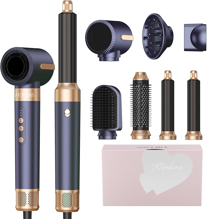 Atopskins 7 in 1 Blow Dryer Brush, Hair Dryer Hot Air Brush 110,000 RPM with Negative Ion Hair Styler for Fast Drying Straightening Curling Voluming (Grey)