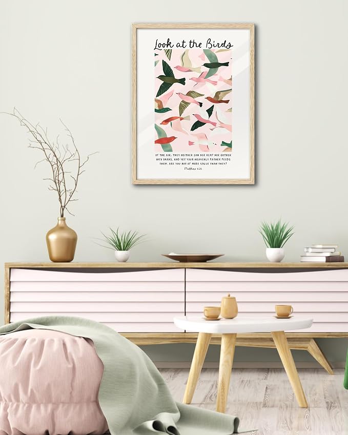 EcoHest 16x20 in Matthew 6:26 Look at the Birds Framed Christian Wall Art | Solid Oak Wood Frame with Canvas Wall Art, Scripture Bible Verse Wall Decor for Bedroom, Living Room, Office, Church, 1Pack