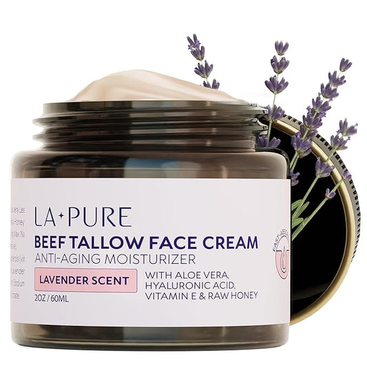 LA PURE Beef Tallow for Skin, Grass-Fed Tallow Face Cream with Organic Aloe Vera, Vegan Hyaluronate to Hydrate, Soothe Redness & Calm Sensitive Skin, Non-Greasy Moisturizer, Lavender Scent, 2oz