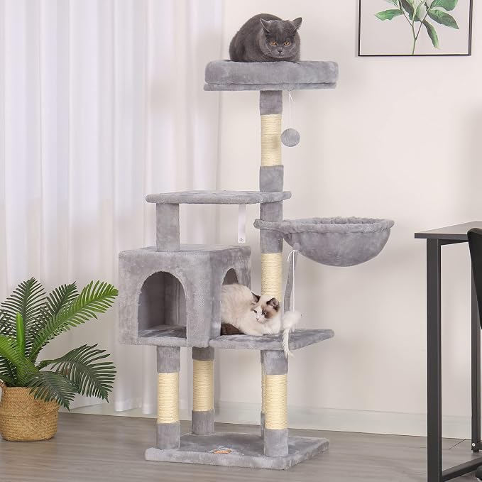 Heybly Cat Tree with Toy, 43.3 inch Cat Tower for Indoor Cats HCT004W | Cat Condo with Durable Sisal Scratching Posts, Cat House with Padded Plush Perch, Cozy Hammock, Light Gray
