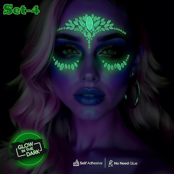 Face Gems Adhesive Glitter Jewel Tattoo Sticker Festival Gems Rave Party Body Make Up (GLOW IN THE DARK)