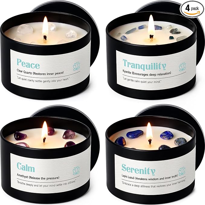AOOVOO Crystal Calm Candles Set for Women - 4 Pack 26 oz Soy Wax Candles for Home Scented, 200 Hour Long Lasting Candle, Peace Clear Quartz/Tranquility Kyanite/Calm Amethyst/Serenity Lapis Lazuli