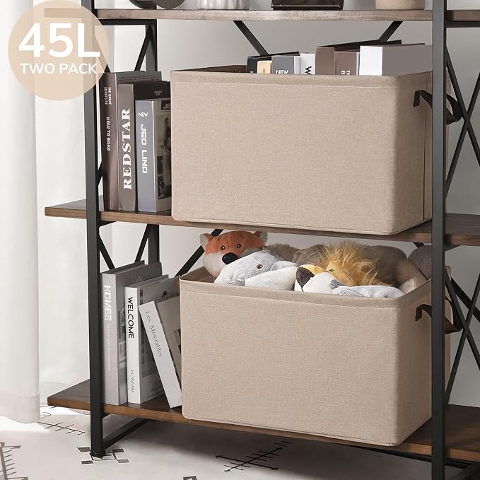 CHICVITA Extra Large Fabric Storage Bins, Metal Frame, 2-Pack, Brown | 45L, 19" L x 13" W x 11" H, Collapsible Design, Blankets, Toys & Home Essentials Storage, Closet & Shelves Organization