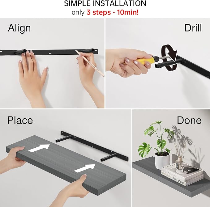 BAYKA Grey Floating Shelves 22.5in, Set of 3, Wall Mount Rustic Wood Shelf | Easy Install, 22lbs Max Load, Hidden Bracket, for Bathroom Bedroom Kitchen Display Storage Decor, Multi-Wall Compatible