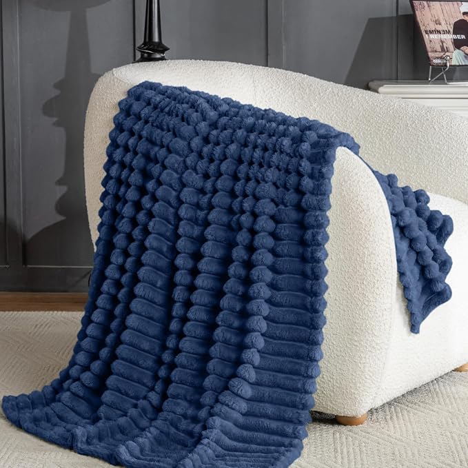 Wider Striped 380gsm Navy Throw Blanket for Couch Super Soft Cozy Blankets for Women Fuzzy Fleece White Blanket for Bed Sofa 50x60
