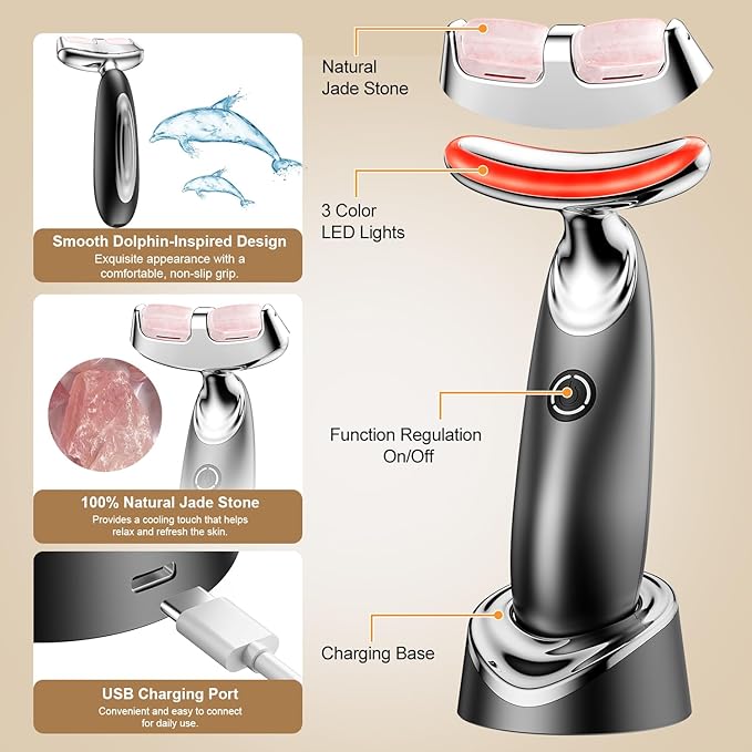 Red Light for Face and Neck, 7-in-1 Face Massager Tool with Jade Roller, 3-Color Portable Facial Massager for Skin Care