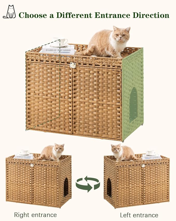 SETVSON Cat Litter Box Enclosure, Extra Large Hidden PE Rattan Natural | Spacious Double Door PE Rattan Cat Washroom Bench, Side Table Look, Fits Covered Litter Tray, 2 Mats, Metal Frame