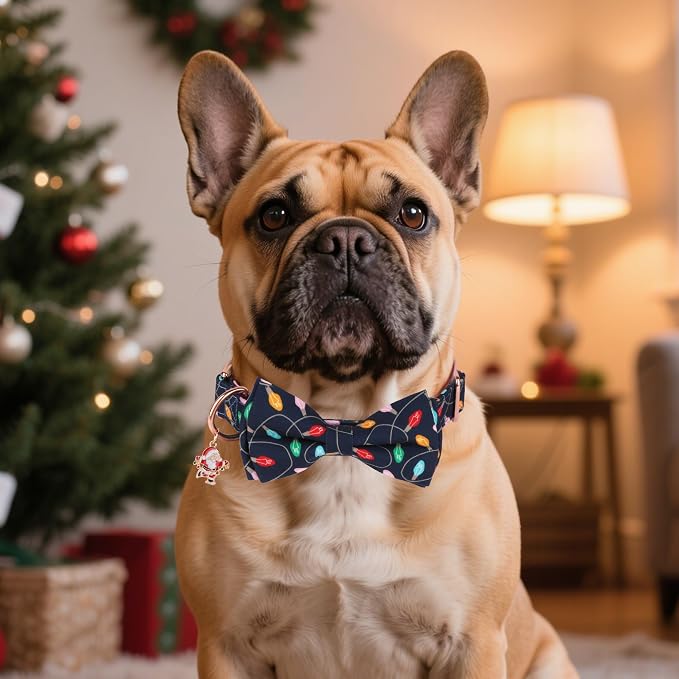 ADOGGYGO Christmas Dog Collars with Bow, Detachable Xmas Light Print Bowtie, Metal Buckle, Adjustable Christmas Collars for Small Dogs Boy Girl (Small)
