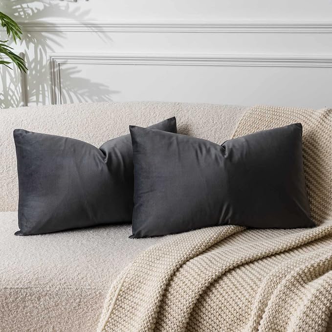 14x24 Velvet Throw Pillow Covers Set of 2 for Couch Bed Sofa,Dark Gray | Decorative Soft Pillow Covers with Invisible Zipper for Couch Sofa Bed Living Room Bedroom Home Decor