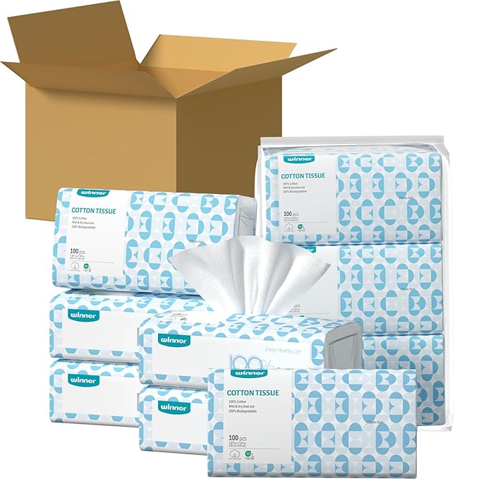Winner Soft Face Towels, 100% USDA Biobased Facial Towels, 2 Packs per Case, 6 Bags per Pack, 100 Towels per Bag (1200 Total)