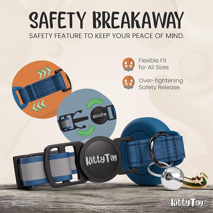 AirTag Cat Collar – Breakaway Reflective & Waterproof Collar with Built-in Holder, Adjustable with Bell for Indoor/Outdoor Cats – AirTag Not Included, Blue Marine (9-12")