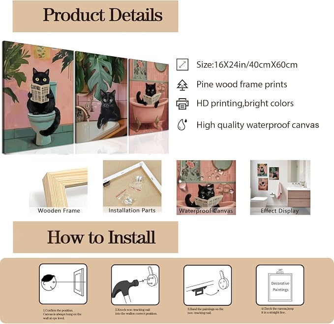 Funny Pink Bathroom Cat Wall Art Painting Set of 3 Maximalist Cute Black Cat Bathroom Wall Decor, Eclectic Animal Restroom Poster Canvas Prints Pictures 16x24 inch Framed