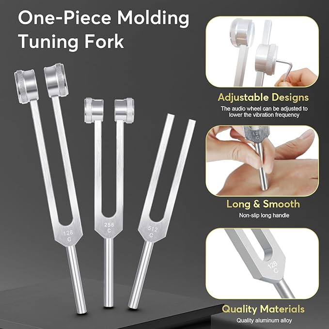Tuning Forks for Healing Set (128Hz, 256Hz, 512Hz), Tuning Fork with Reflex Hammer for Healing/Frequency Instrument/Sound Therapy/Chakra/Yoga and Meditation Tools (Silvery), Stress Relief Gift