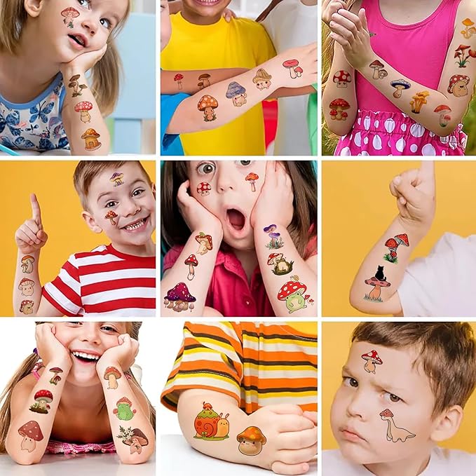 12 Sheets Mushroom Temporary Tattoos for Kids, Mushroom Birthday Party Supplies Decorations Cute Fake Tattoos Mushroom Party Favors for Boys Girls Children Goodie Bag Fillers Party Gifts Stickers