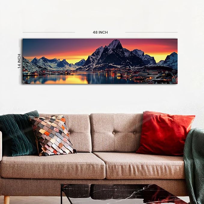 AREBOLO Sunset Mountain Canvas Wall Art Lake Landscape Pictures Nature Wall Decor Snowy Mountains Painting Sunrise Village Scenery Poster Prints Artwork for Living Room Office Home Decorations 14x48”