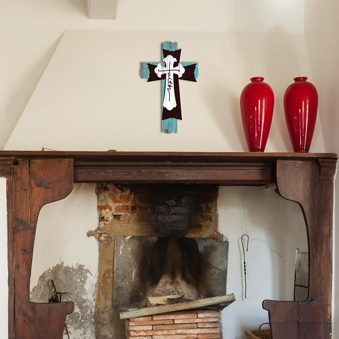 Yookeer Large Wooden Christian Wall Cross Religious Decor Art Wood Wall Cross Hanging Rustic Multi Layered Weathered Look Spiritual Sculpture for Church Home Farmhouse Indoor Outdoor