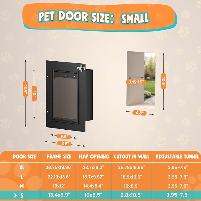 2-Flap Cat Door for Wall, All Aluminum Small Doggy Door, Pets Up to 22 LB | Magnetic Seal, Energy Efficient, Wide Telescoping Tunnel for Walls, Durable Rust Resistant, Closing Panel, Safety Locks