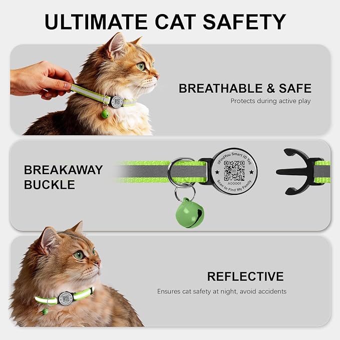 Breakaway Cat Collar QR Code, Reflective Bell, Adjustable Kitten, Green