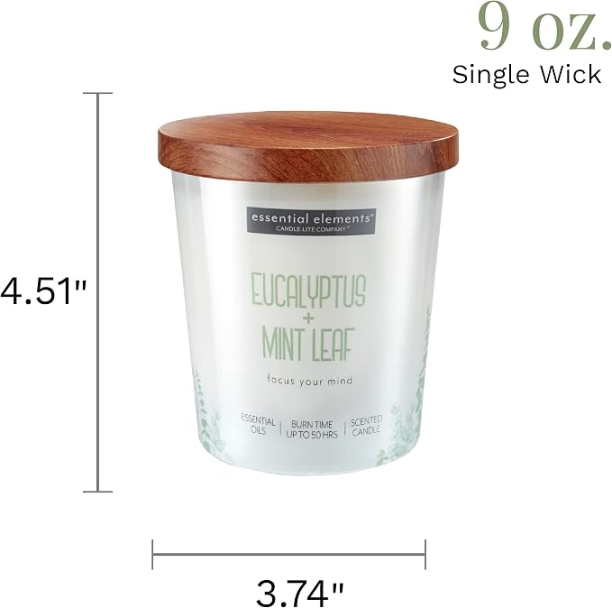 Essential Elements by Candle-lite Scented Candles Eucalyptus & Mint Leaf Fragrance, One 9 oz. Single-Wick Aromatherapy Candle with 50 Hours of Burn Time, Off-White Color