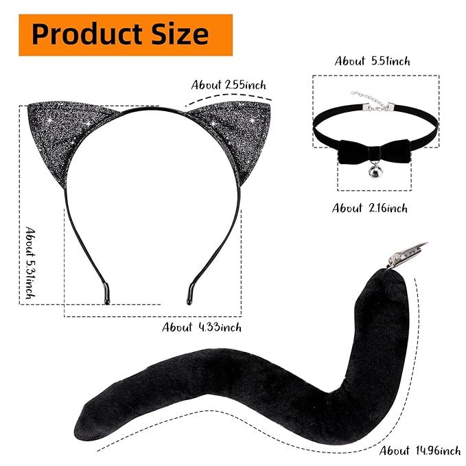 Halloween Black Cat Makeup Kit, Ears Headband, Black Lipstick, Eyeliner, Tail, and Bell Collar, Costume Accessories for Cosplay Party SFX Makeup