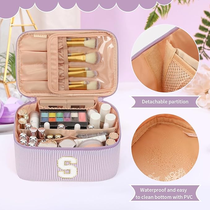 OCHEAL Makeup Bag Valentines Day Gifts for Women, Monogram Cosmetic Bag Purple Travel Makeup Case Beauty Toiletry Bag Organizer Personalized Gifts for Girls Bridesmaid, Sister, Wife, Friends Initial S