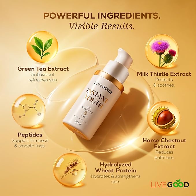 LIVEGOOD Instant Youth Wrinkle Reducer, Face and Eye Smoothing Cream for Fine Lines and Puffiness, Fast-Absorbing Silicate Formula for Temporary Firming and Visible Results in Minutes (30 mL)