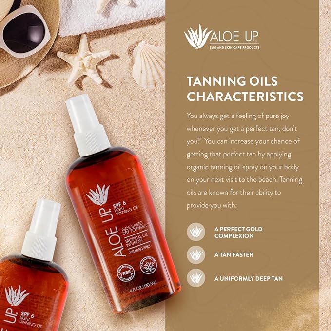 Aloe Up Light Tanning Oil With SPF 6 Sunscreen - Body and Face Tanning for Outdoor Sun - With Pure Aloe Vera Oil and Natural Oils - Absorbs Quickly - Reef Friendly - Fresh Tropical Scent - 4 Oz