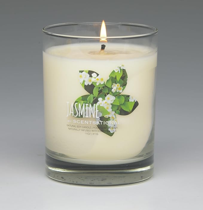 Scentsational Jasmine Natural Candle, 11 oz Glass Jar, 50-60 Hour Burn Time, Gift Wrapped
