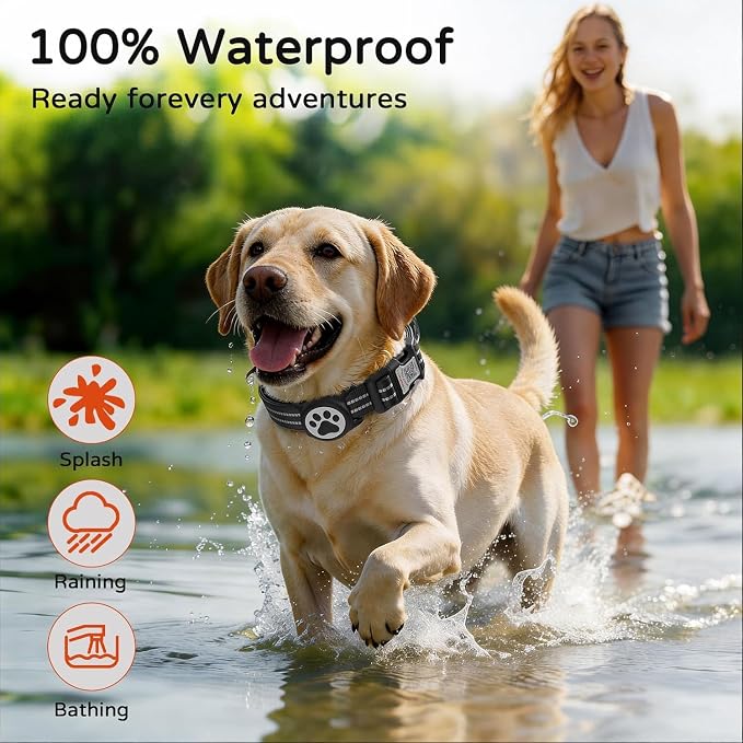 Waterproof AirTag Dog Collar with QR Code Dog Tag, Black02 L | IP68 waterproof, QR code dog tag, Anti-Lost, Online profile, fits XS-L (8"-26"), Padded nylon, Reflective, No App, No Fees