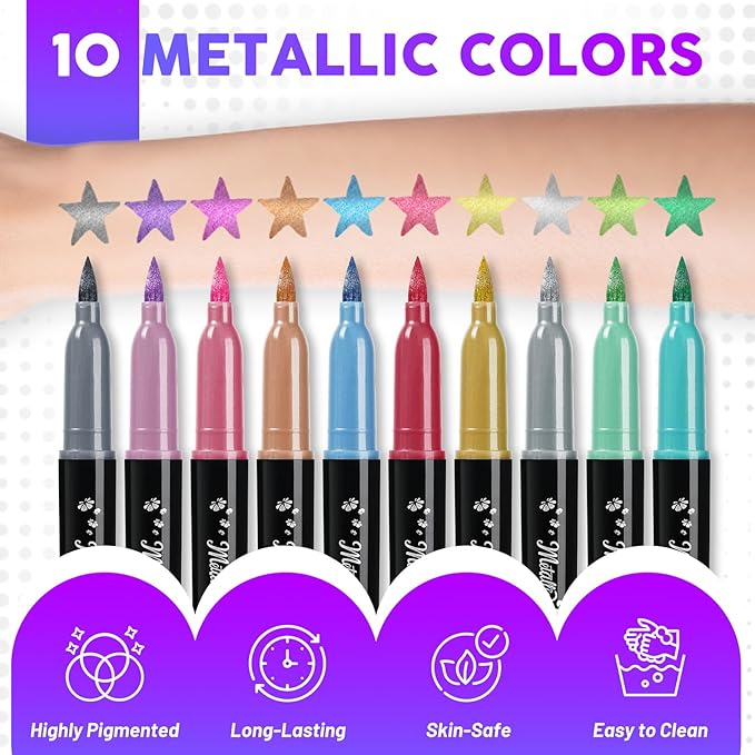 ThEast 10 Colors Metallic Face Paint, Athena Face Body Paint, Temporary Tattoo Markers for Skin, Face Painting Kit Body Markers Christmas Stocking Stuffers