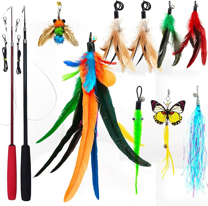 miwoowim 2PCS Retractable Cat Teaser Wands & 9PCS Feather Refills Toy Set | Dual-size telescopic rods (50" & 38"), da bird feather attachments with bells replacement,interactive fishing pole toys