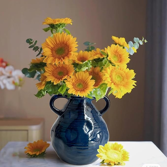 LIFFY Blue Ceramic Vase for Flowers, 6.3 Inch Tall Modern Farmhouse Centerpiece with Double Handles, Vintage Rustic Decorative Vases Home Table Decor (Navy Blue)