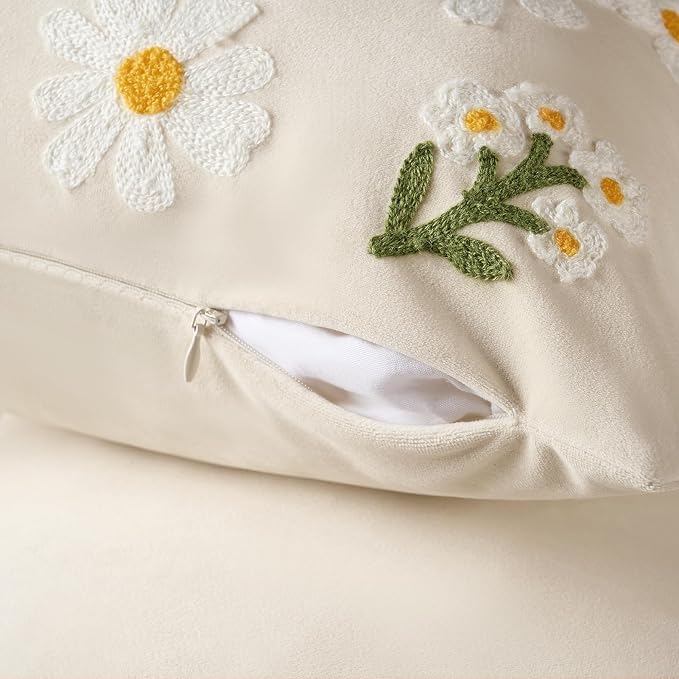 Softalker Spring Summer Outdoor Floral Throw Pillow Covers 18 x 18 Inch Set of 1, Farmhouse Embroidered Decorative Flowers Cushion Covers, Soft Velvet Pillow Cases for Couch Sofa Home Decor, Beige