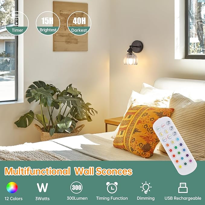 Shenmoyl Vintage Battery Operated Wall Sconce with Transparent Tulip Glass Lampshade Rechargeable Battery Powered Black Wall Light with Remote Control for Bedside Bedroom Doorway