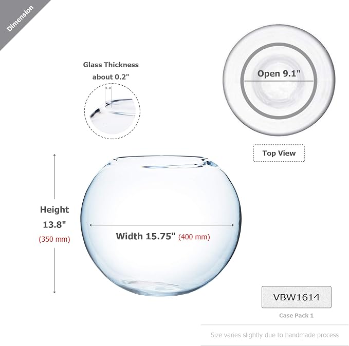 WGV Large Bowl Glass Vase, Diameter, Height, (Multiple Sizes Choices) Clear Huge Round Bubble Vase Jar, Floral Planter Terrarium for Wedding Event Home Decor (15.8" D)