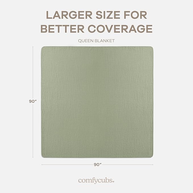 Comfy Cubs Adult Muslin Blanket 90x90” Queen Swaddle Blankets, Sage | 6 Layer Soft, Breathable & Lightweight Muslin Adult Blanket - Machine Washable & Designed in the US Bedding for All Seasons