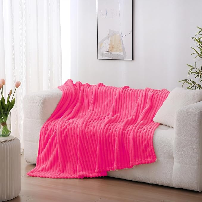 Hot Pink Fleece Throw Blanket 50”×60” for Couch Sofa Livingroom | Super Soft Cozy Plush Microfiber Flannel Bed Blanket Striped Design Lightweight Home Decor Gifts for Adults Mom Women