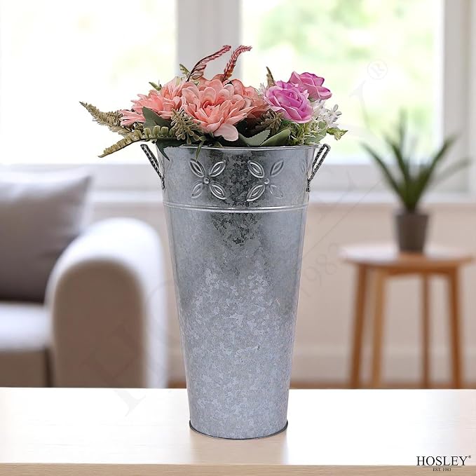 Hosley Set of 3 Galvanized Metal Vases, 12” Tall x 6.5” Dia French Bucket Style, Rustic Farmhouse Flower Vase for Weddings, Events, Home Décor