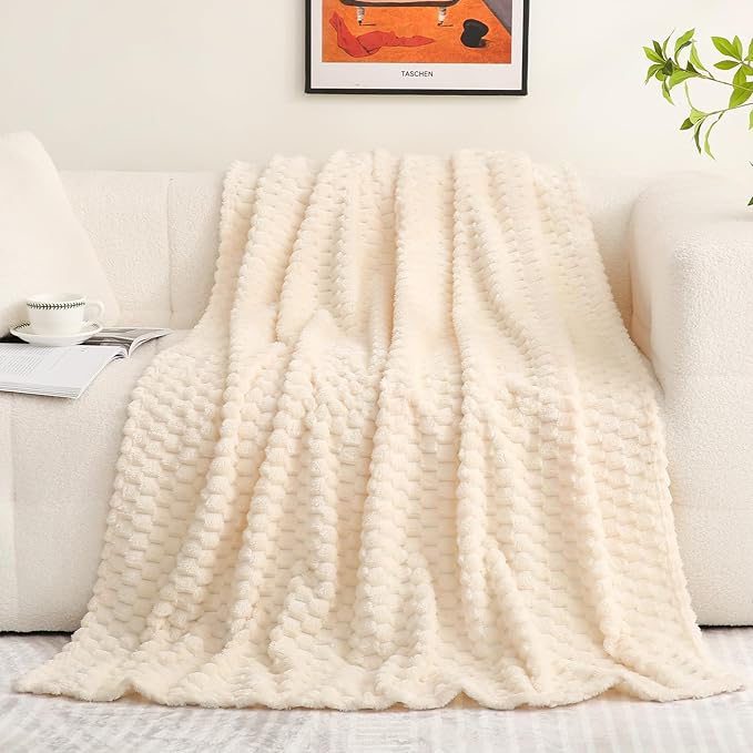 Cream White Throw Blanket 50"×60" inches Fuzzy 3D Jacquard Decorative | Flannel Fleece Super Soft Plush Cozy Blanket for Couch Sofa Chair Lightweight
