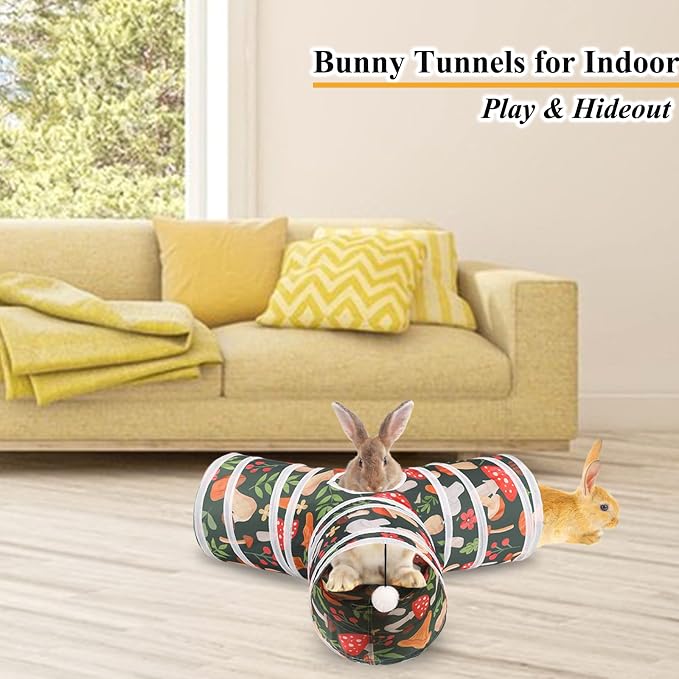 HERCOCCI Rabbit Toys, Bunny Tunnel & Tube, Collapsible 3 Way Rabbit Hideout Tunnel with Chew Toy for Bunny Guinea Pig Ferret Kitten