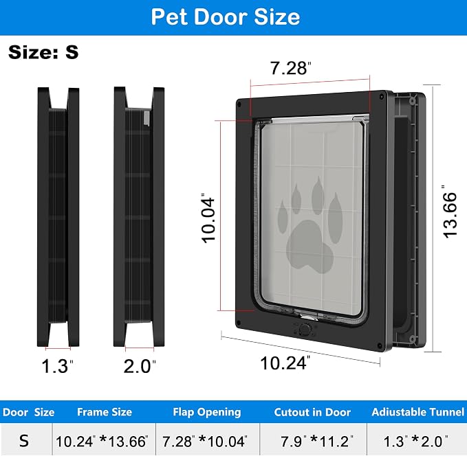 CEESC Small Dog & Cat Door, Snap-in Panel, Up to 20 lbs, Durable, Black | Flap 7.25"x10", cut-out 7.88"x11.19". Fits doors 1.25-2.06in. Weatherproof ABS, magnetic seal