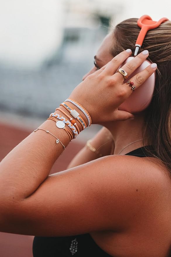 K'lani Game Day Hair Tie Bracelets – 5-Pack Stretchy No-Crease Hair Ties & Stylish Bracelets – Team Color Accessory for Hair or Wrist - Orange & White, Medium