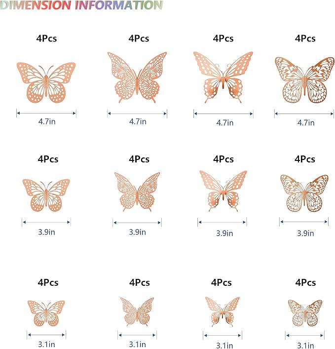 SAOROPEB 3D Butterfly Wall Decor, 48 Pcs 4 Styles 3 Sizes, Removable Metallic Wall Sticker Room Mural Decals for Kids Bedroom Nursery Classroom Party Decoration Wedding Decor DIY Gift (Rose Gold) | 4 Styles 3 Sizes, Removable Metallic Wall Sticker Room...