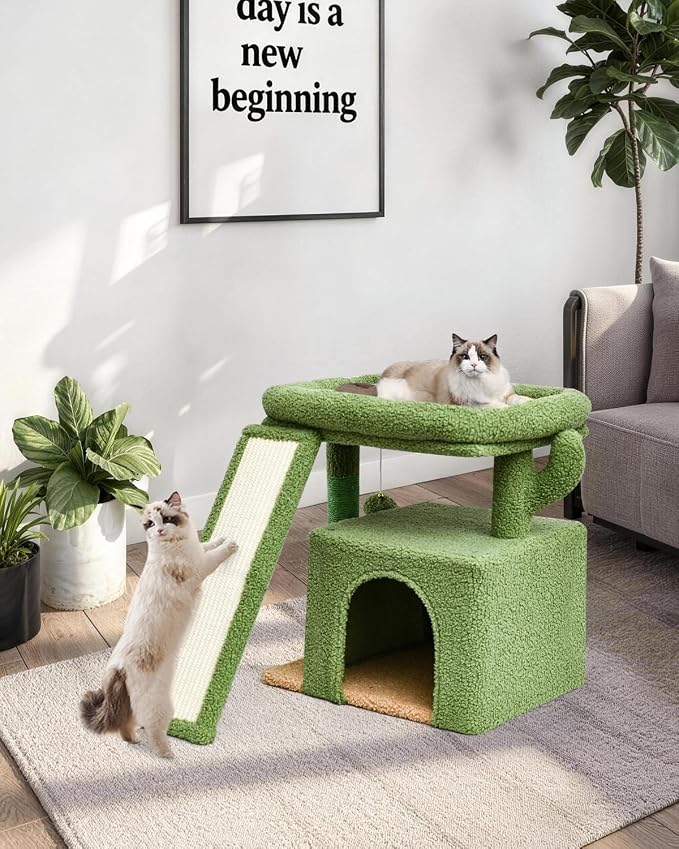 Small Cactus Cat Tree for Indoor Cats, Green Cat Tower with Scratching Post & Board, Unique Cactus Cat House with Perch for Kittens, Stable Condo and Stand (Green)
