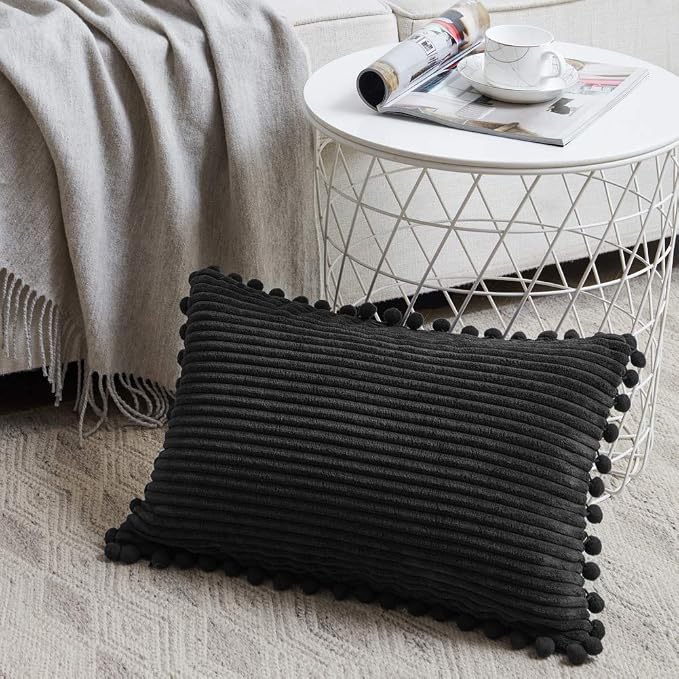 Fancy Homi 2 Pack Black Lumbar Decorative Throw Pillow Covers 14x24 Inch with Pom-poms for Couch Bedroom Sofa, Farmhouse Boho Home Decor, Soft Corduroy Solid Rectangle Cushion Case 35x60 cm
