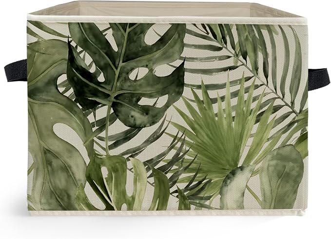 Boho Tropical Botanical Storage Box Bins, Green Monstera Palm Plant Leaf Collapsible Storage Basket Organizer for Bedroom Laundry Room Home Clothes Books, Decor for Room