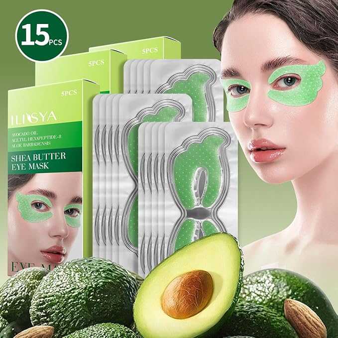 ROUSE Avocado Under Eye Mask, Butterfly Gel Under Eye Patches for Dark Circles - Puffiness - Eye Bags - Dry Eyes, Under Eye Treatment, Eye Patches Skincare for Adults, 15Pcs, 3 Boxes