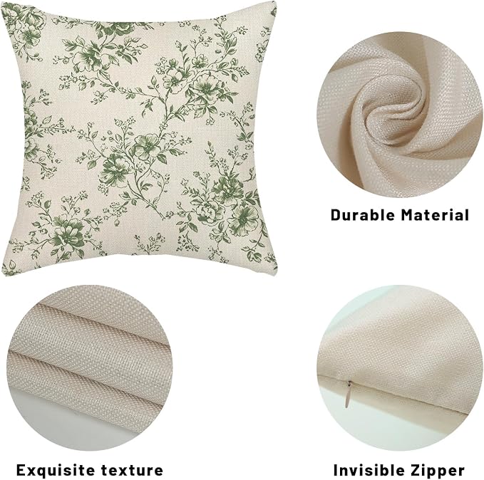 Sage Green and Cream Flower Pillow Covers 18x18 Set of 2 Chinoiserie Floral Decorative Throw Pillows Vintage Toile Flower Pillowcase Linen Outdoor Farmhouse Cushion Cover for Couch Sofa Decor